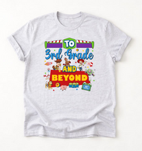 Load image into Gallery viewer, A light gray heather crewneck t-shirt featuring a colorful graphic print on the front that reads 'TO 3rd Grade AND BEYOND' surrounded by festive confetti and streamers.