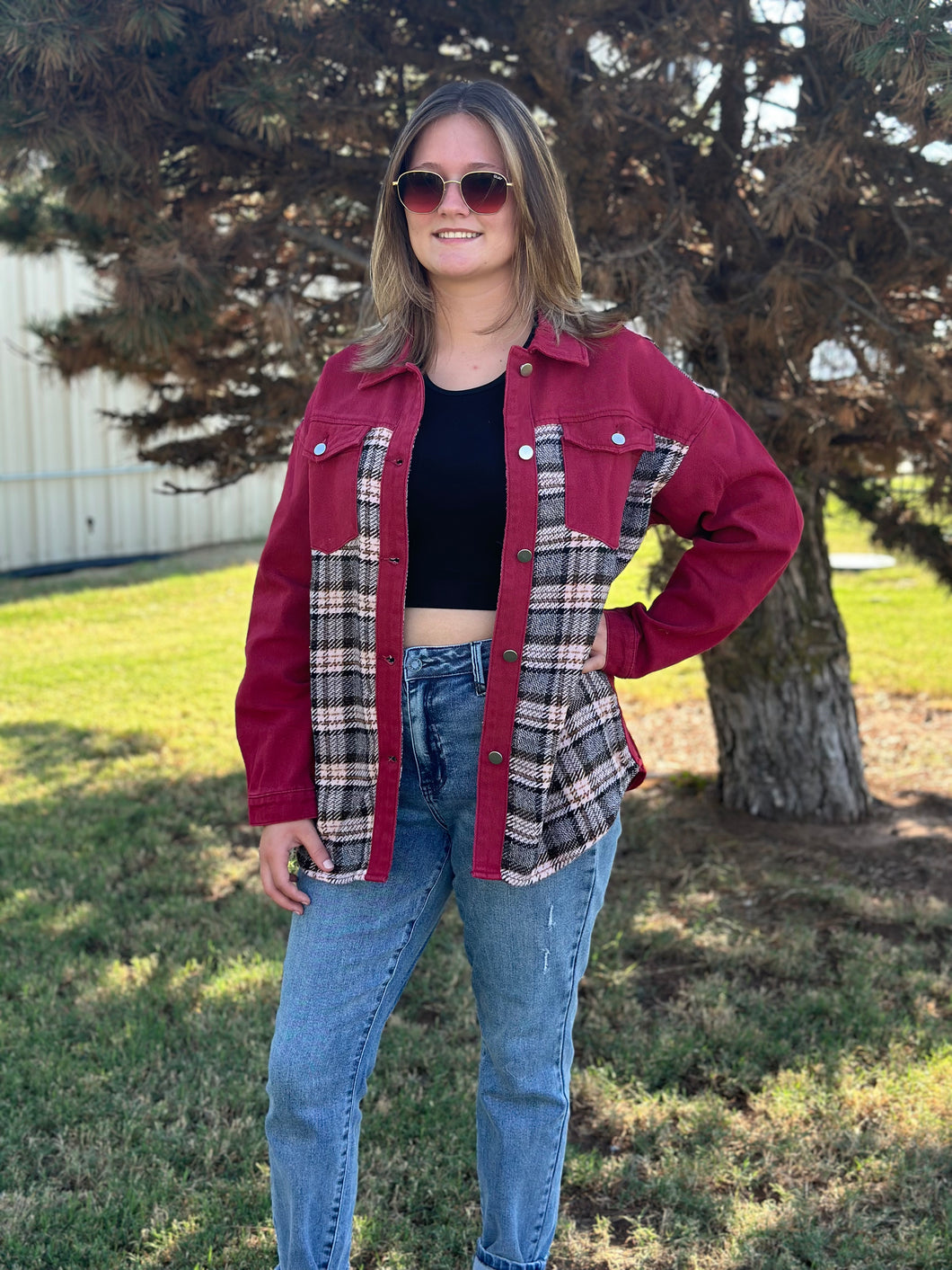 Maroon + Plaid Denim Jacket