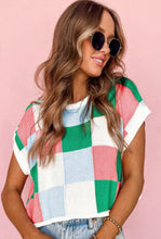 Load image into Gallery viewer, Green &amp; Pink Checkered Cap Sleeve Knitted Top
