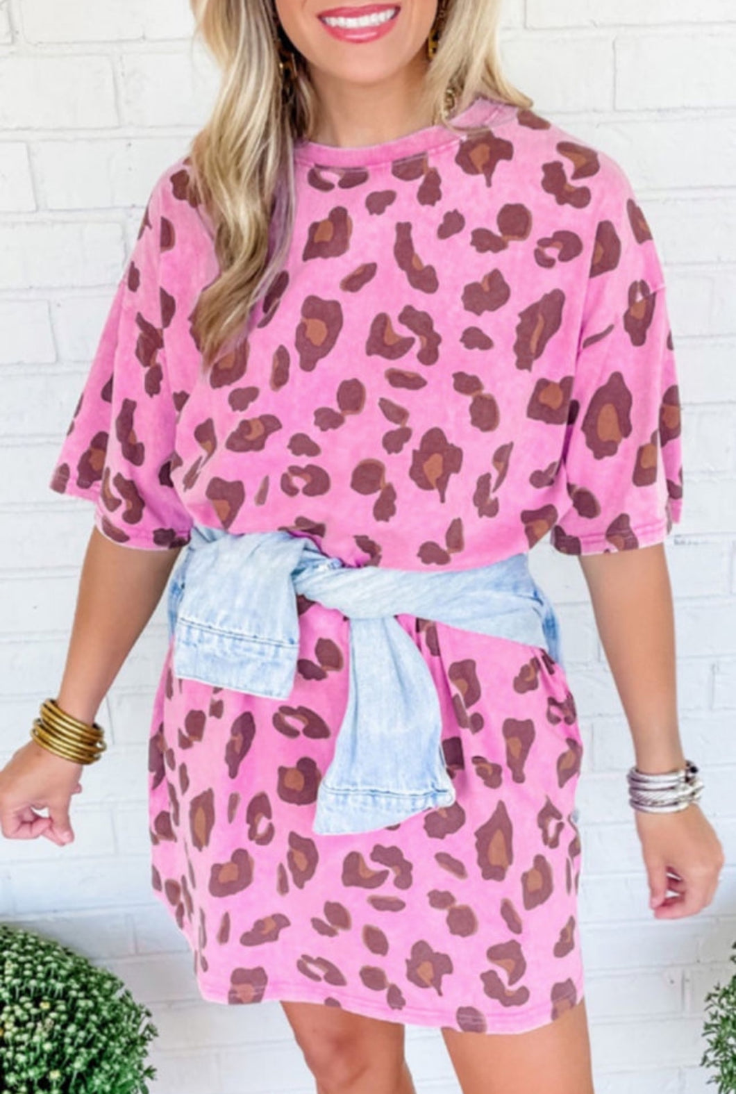 Pink Leopard Mineral Wash T-shirt Dress With Pockets