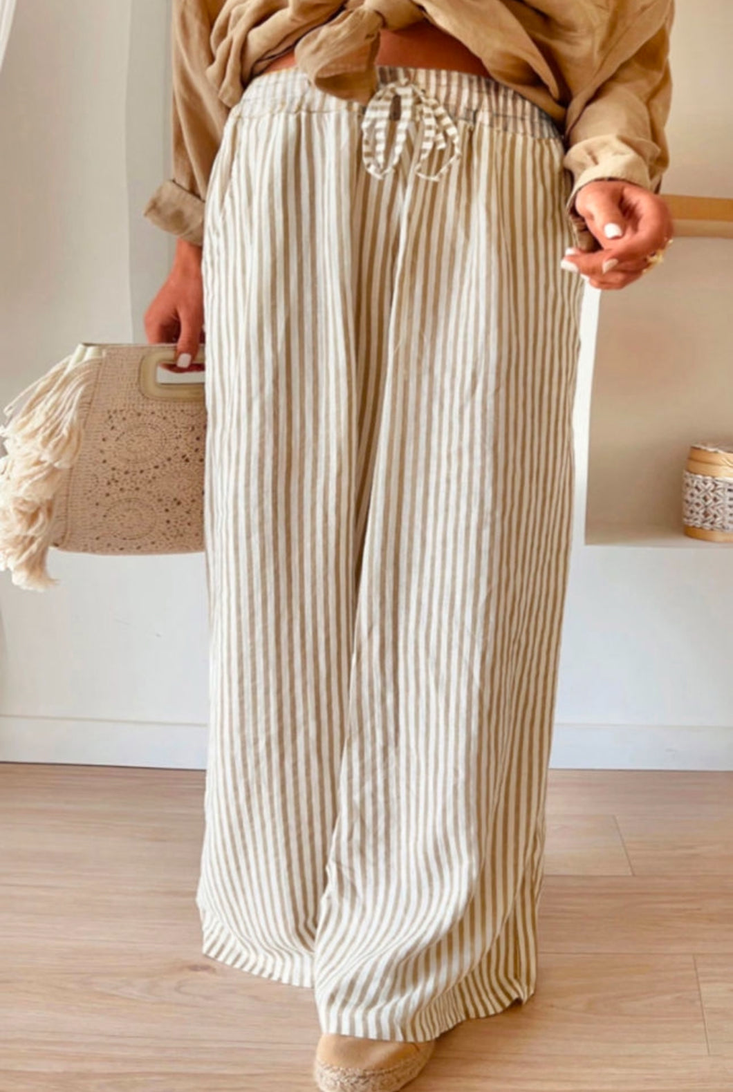 Khaki Striped Drawstring Pants