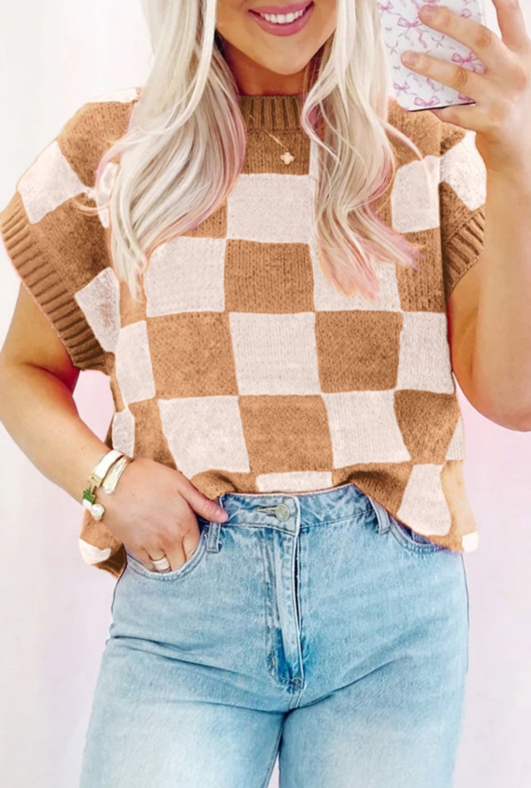 Tan Checkered Knit Top