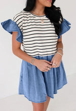 Load image into Gallery viewer, Black Striped Denim Patched Dress With Pockets
