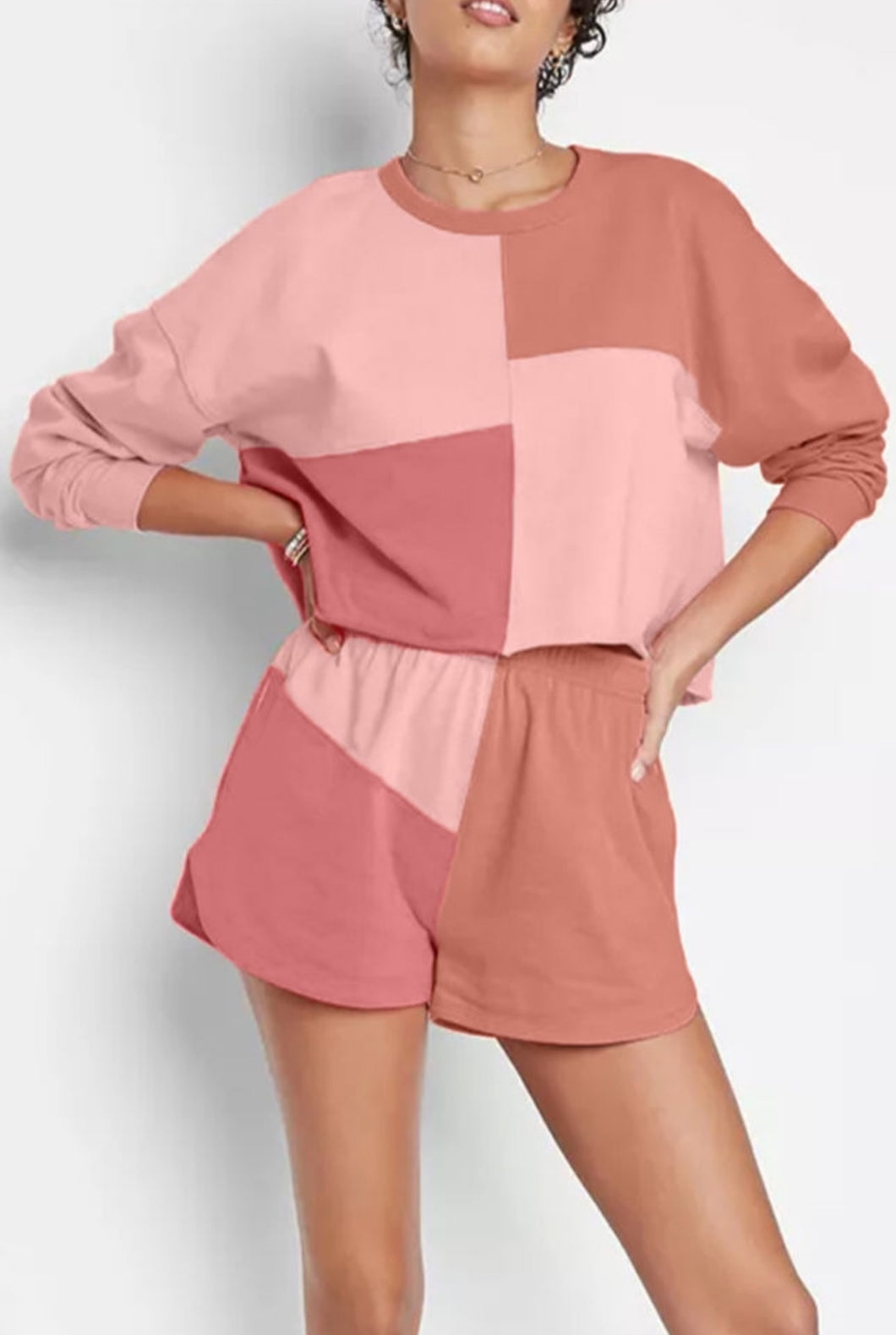 Peach Blossom Color Block Shorts Set