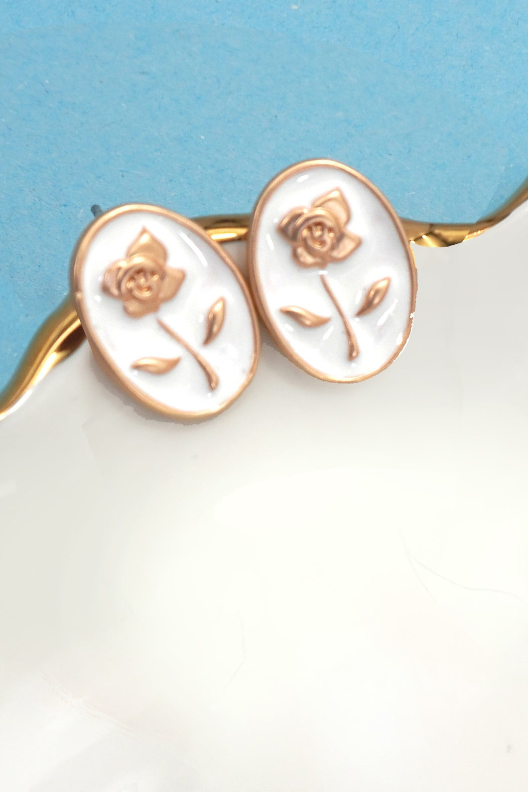 Gold Flower Stud Earrings - White