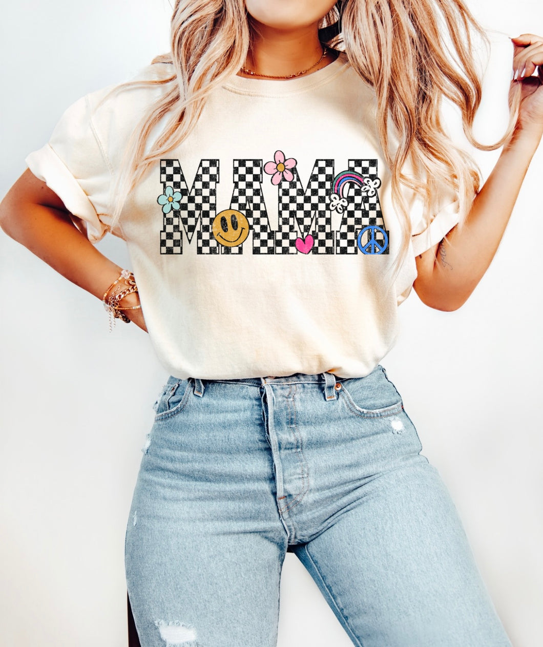 Checkered fun mama tee- comfort colors
