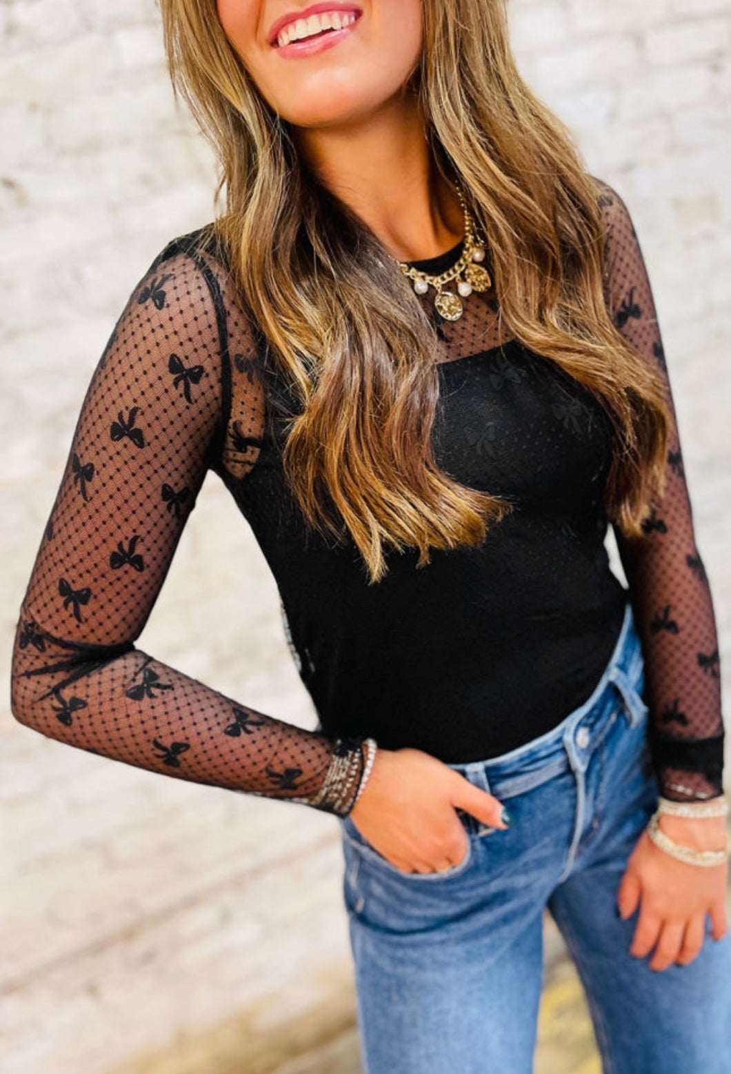 Black Dotted Bow Pattern Mesh Top