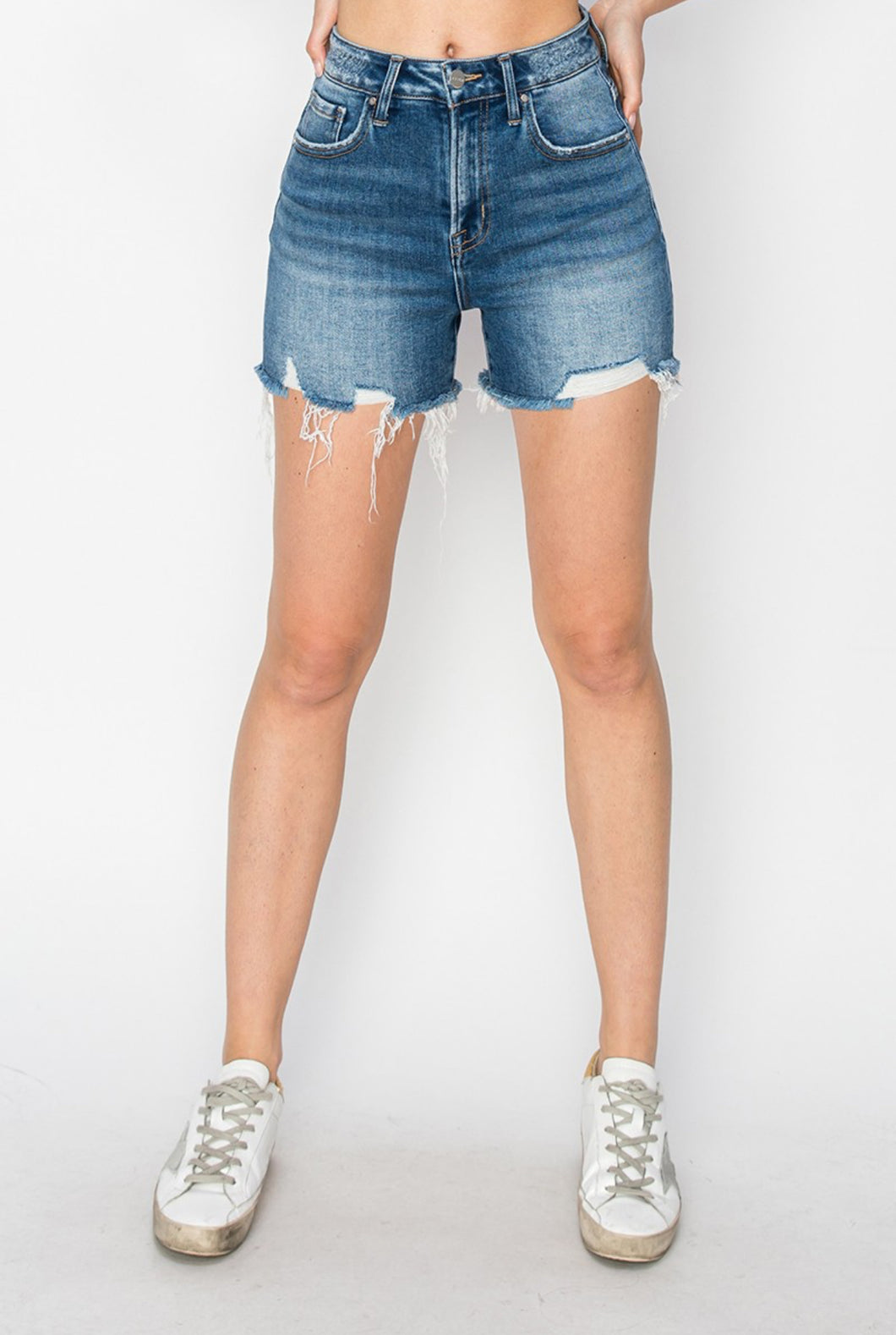 Risen High Rise Clean Cut Hem W/ Distressing Shorts