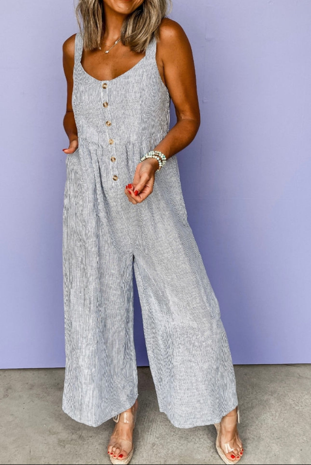 Black Striped Half Button Wide Leg Jumpsuit
