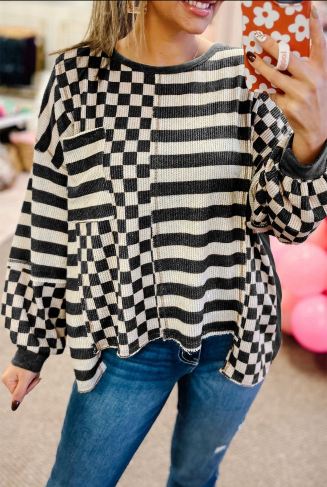 Grey checkered and stripes waffle top