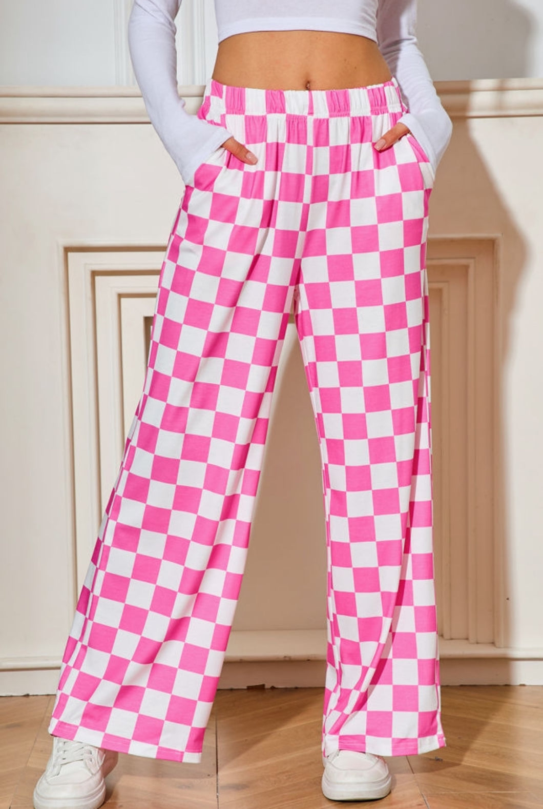 Neon Pink Checkered Print High Waist Wide Leg Pants
