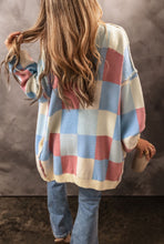 Load image into Gallery viewer, Blue &amp; Pink Checkered Open Front Sweater
