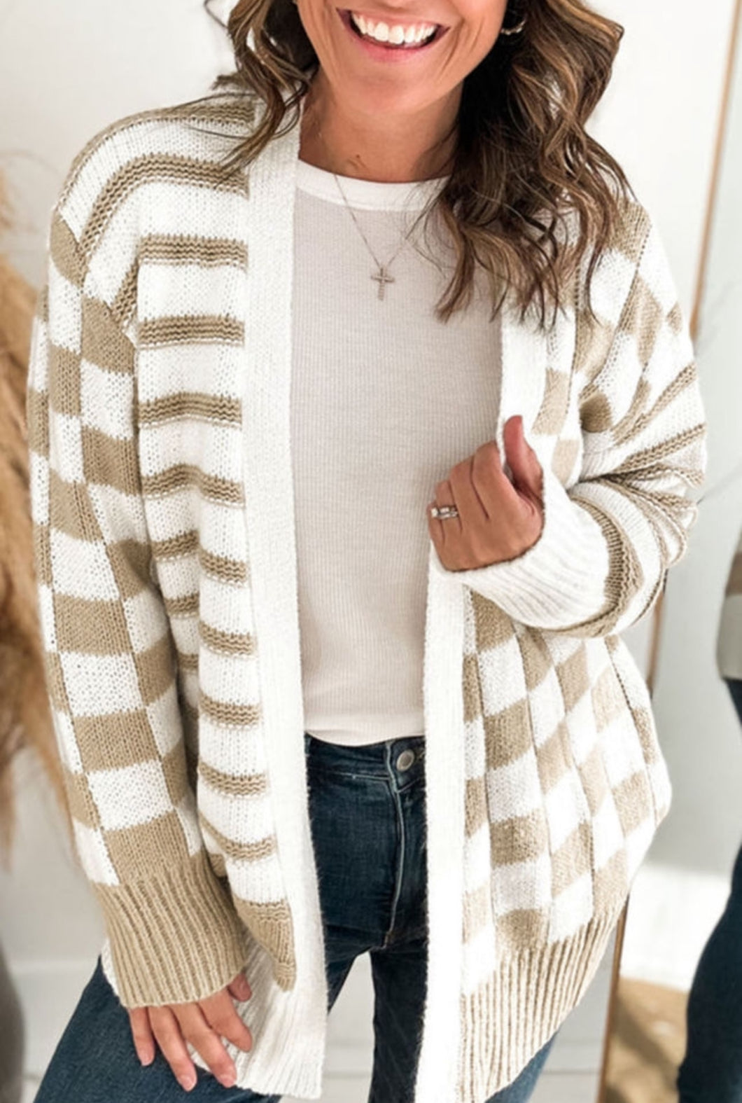 Tan Striped & Checkered Open Front Sweater