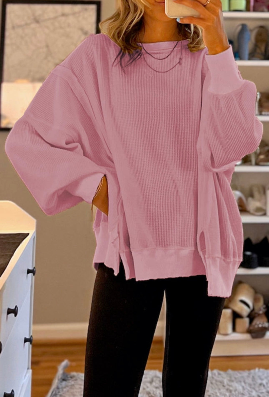 Baby Pink Waffle Knit Long Sleeve Top