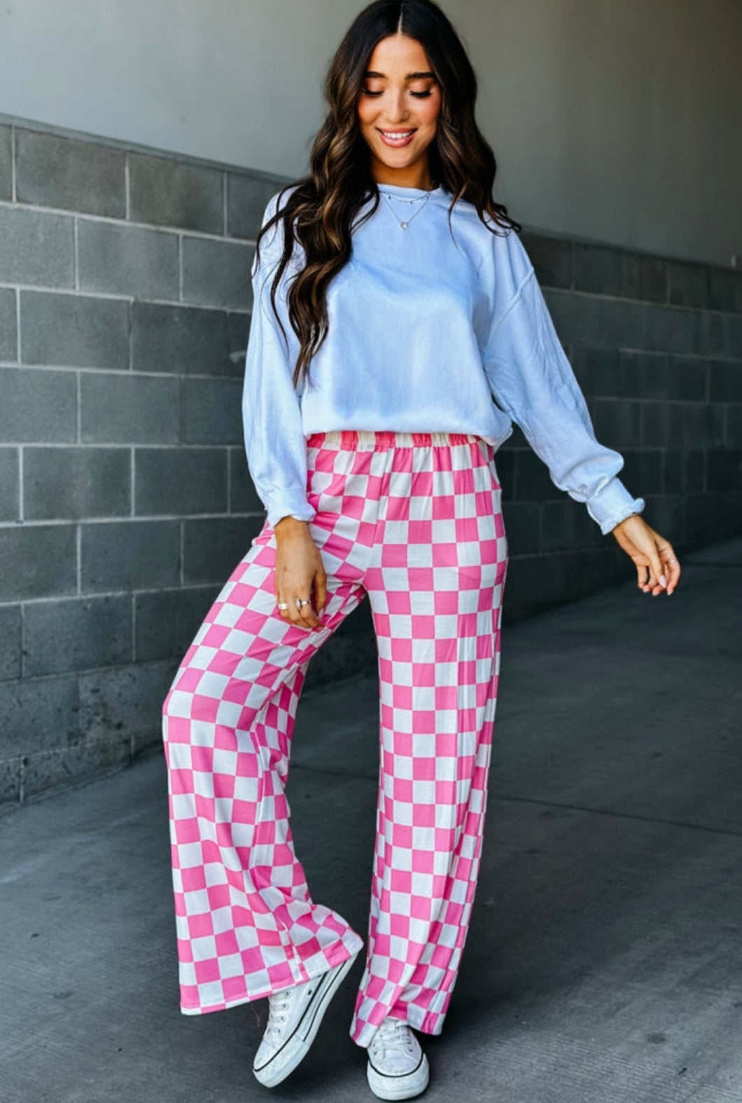 Pink Checkmate Wide Leg Pants