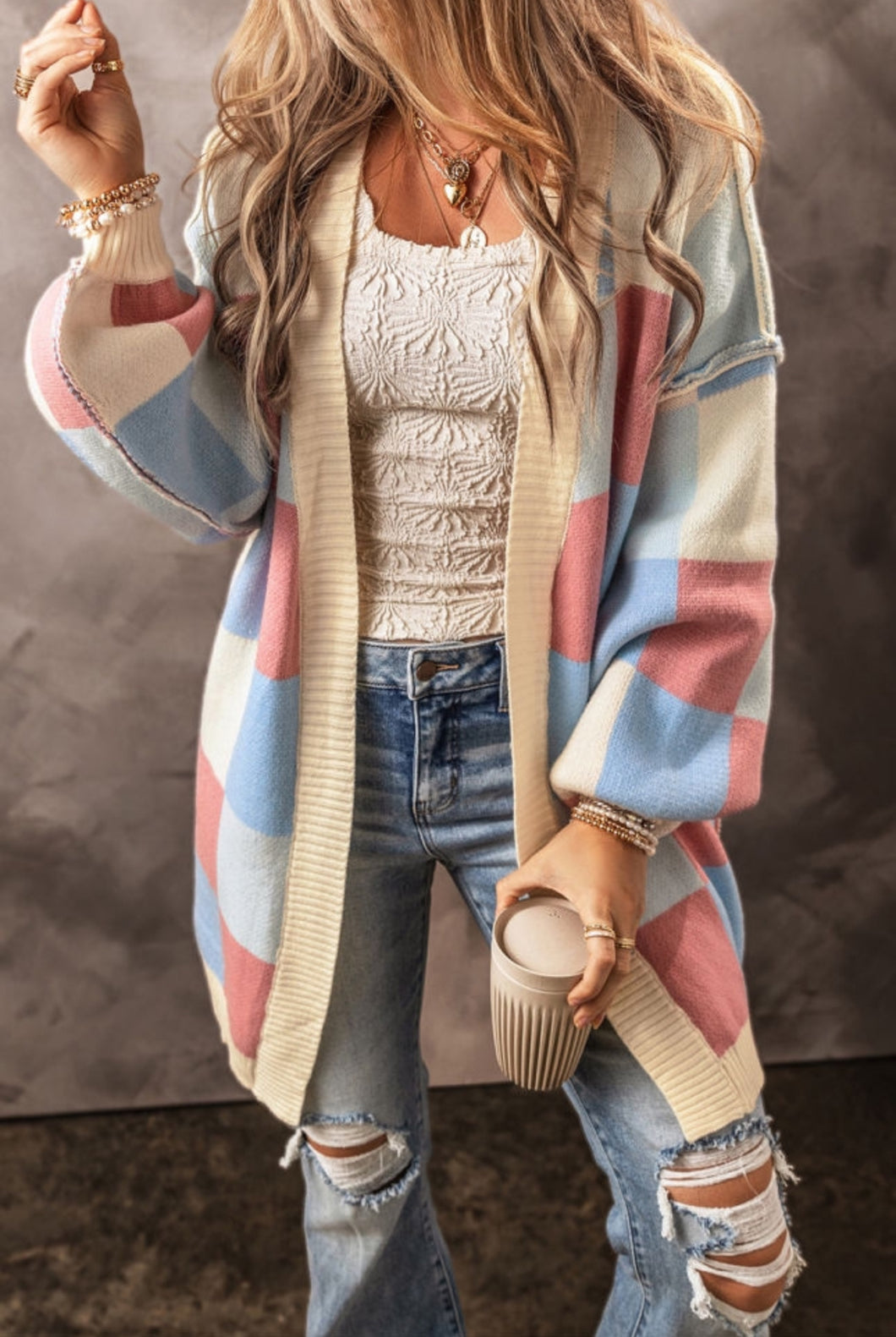 Blue & Pink Checkered Open Front Sweater