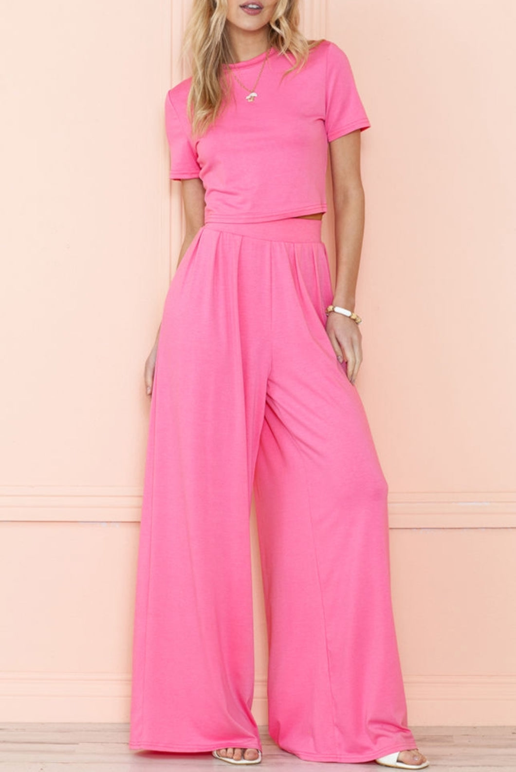 The Molly Matching Set -  Pink Baby Tee & Wide Leg Pants