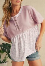 Load image into Gallery viewer, Pink Waffle Floral Patchwork Short Sleeve Top

