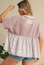 Load image into Gallery viewer, Pink Waffle Floral Patchwork Short Sleeve Top
