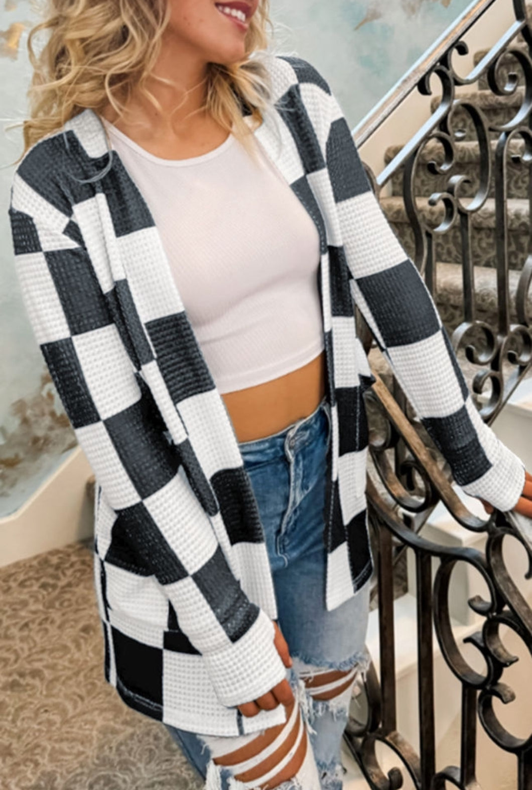 Black & White Checkered Waffle Knit Cardigan