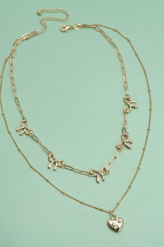 Double layer multi bow necklace with heart charm