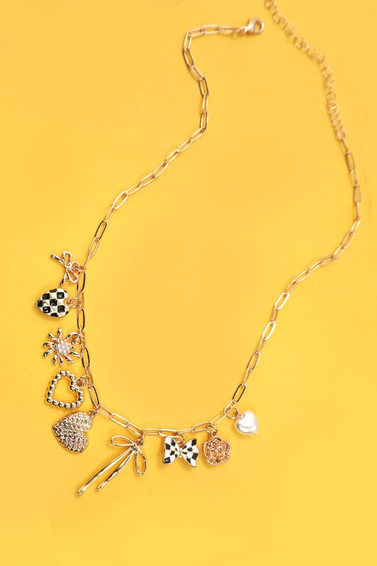 Bows and checkers charm necklace