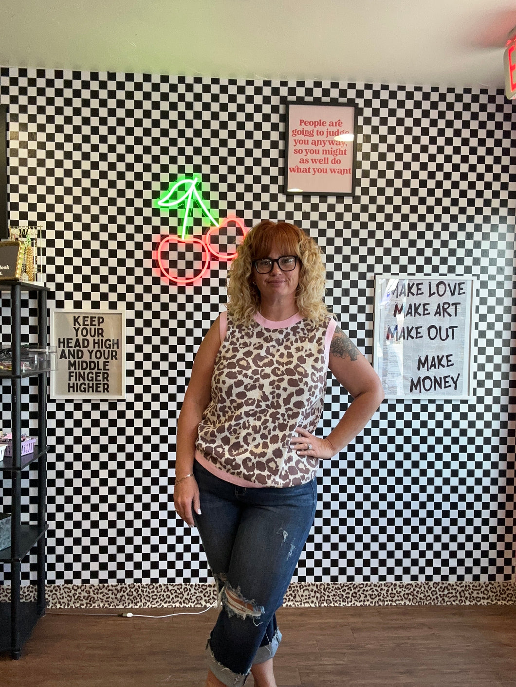 Leopard & Pink ribbed knit top
