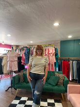 Load image into Gallery viewer, black striped bubble sleeve knit top
