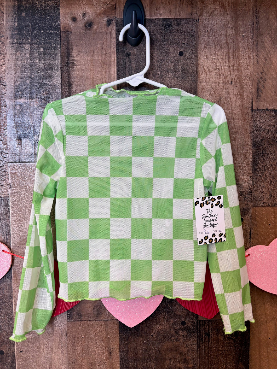 Girls' Green & White Checkered Mesh Top