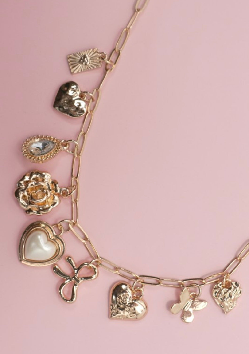 Golden Pearl Heart Charm Necklace