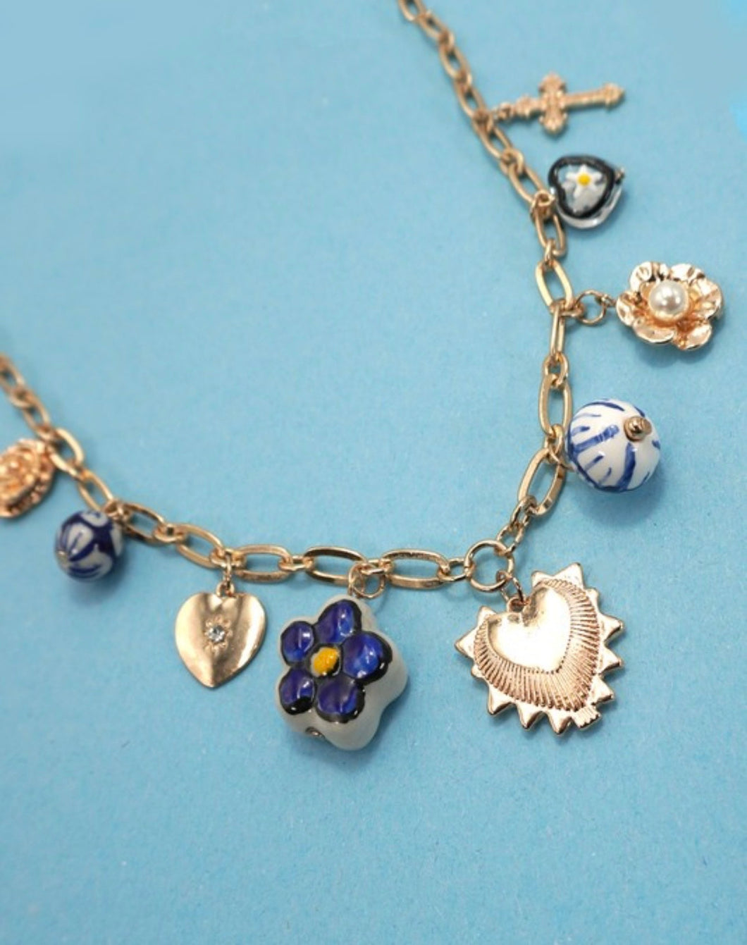 Blue Heart & Cross Charm Necklace