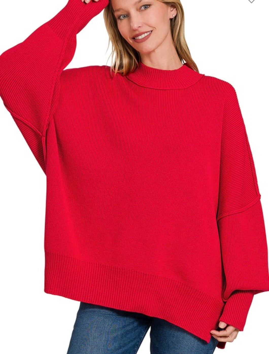 Red Side Slit Oversized Sweater