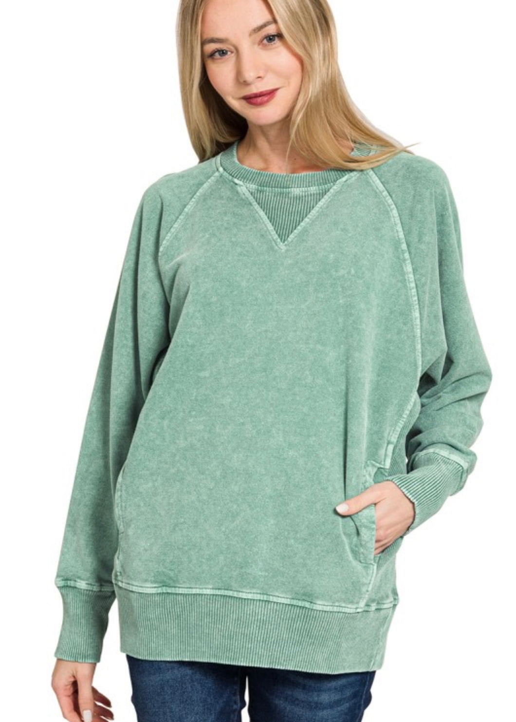 Dark Green Snow Washed Sweatshirt