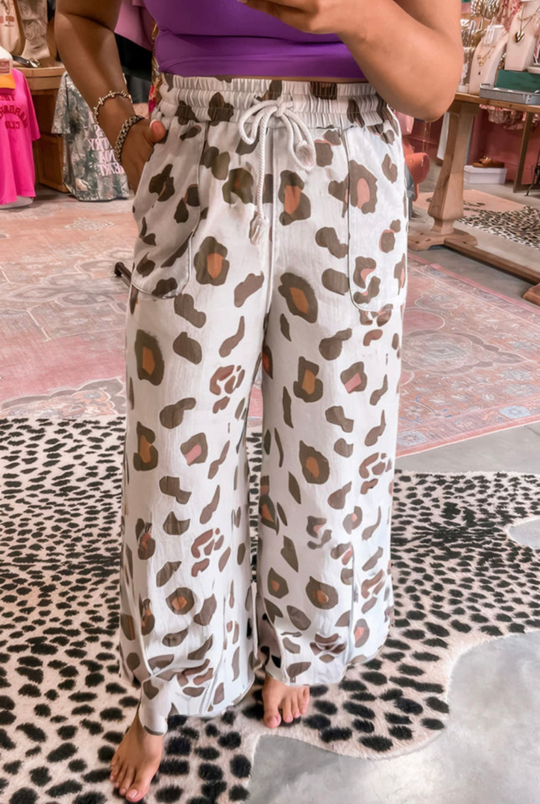 Ivory Leopard Wide Leg Pants