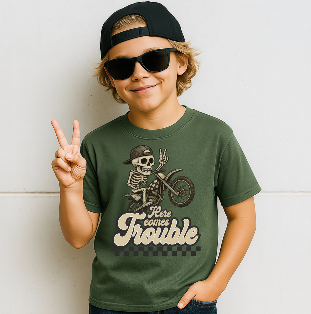 HERE COMES TROUBLE BOYS TEE