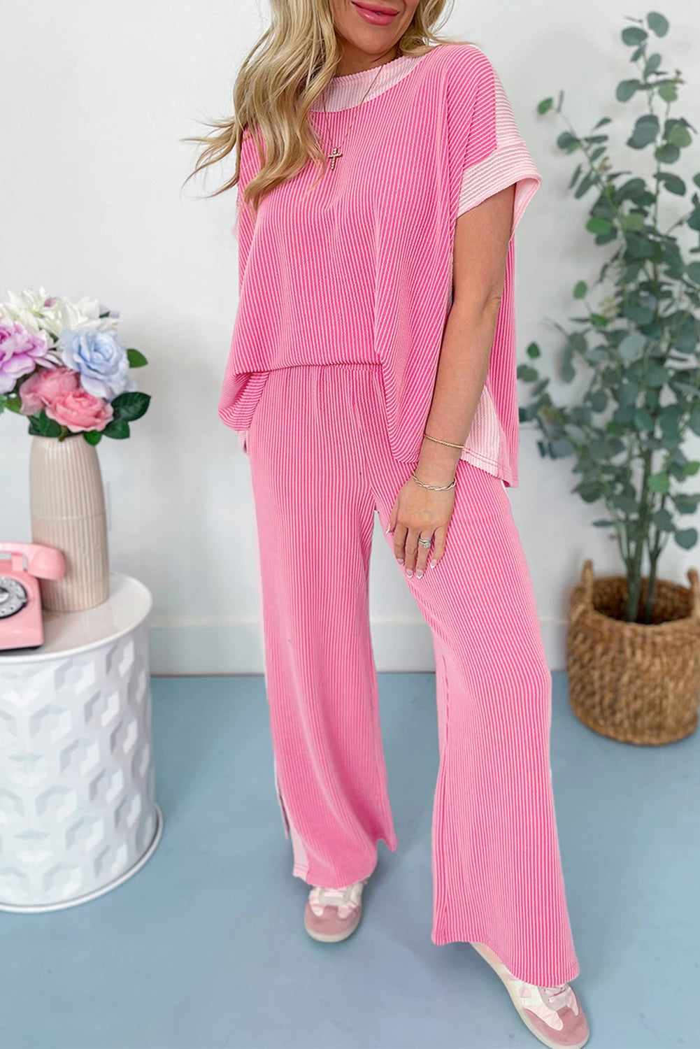 Pink Colorblock Corded Pants Set