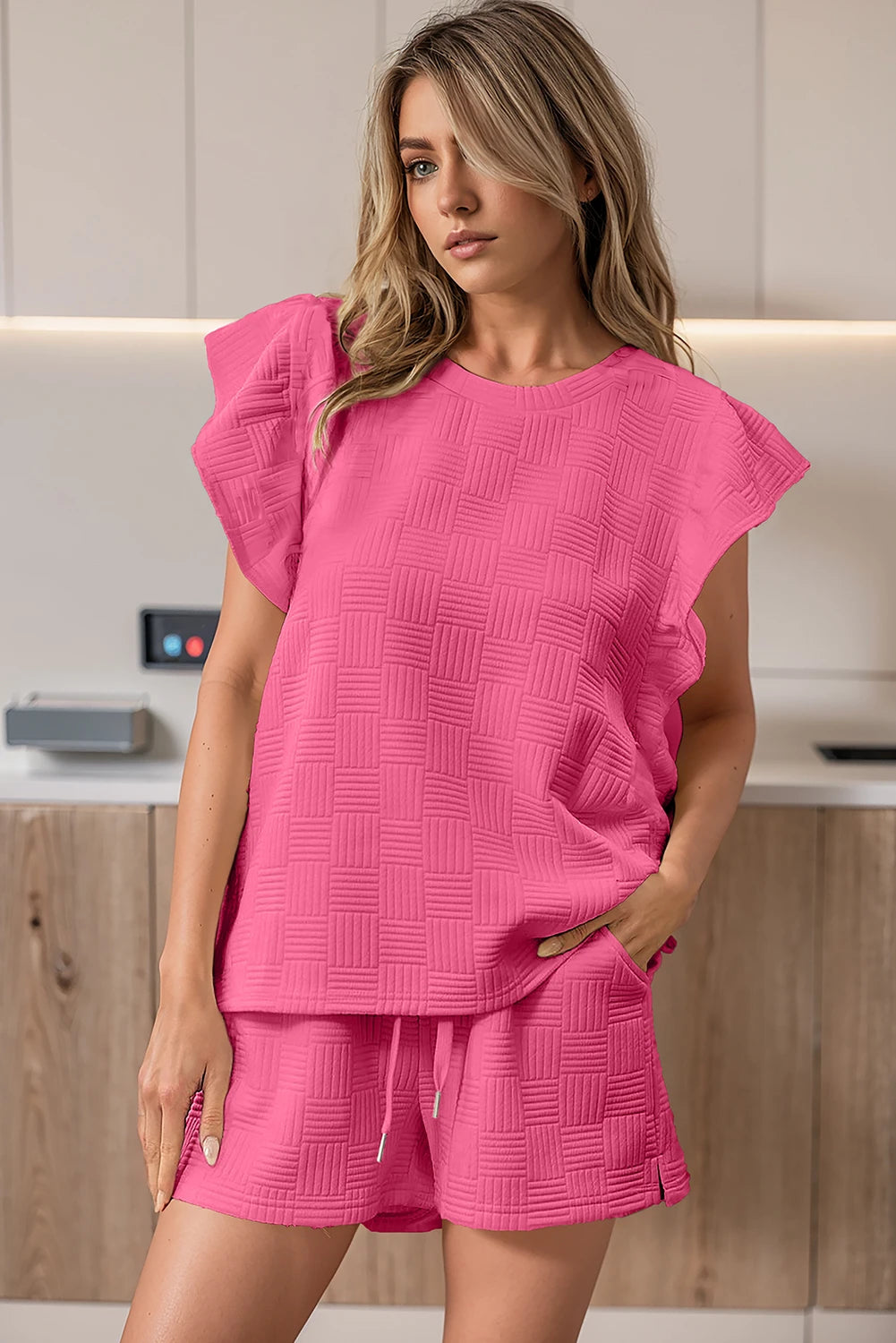 PINK TEXTURED RUFFLE TOP AND SHORT SET