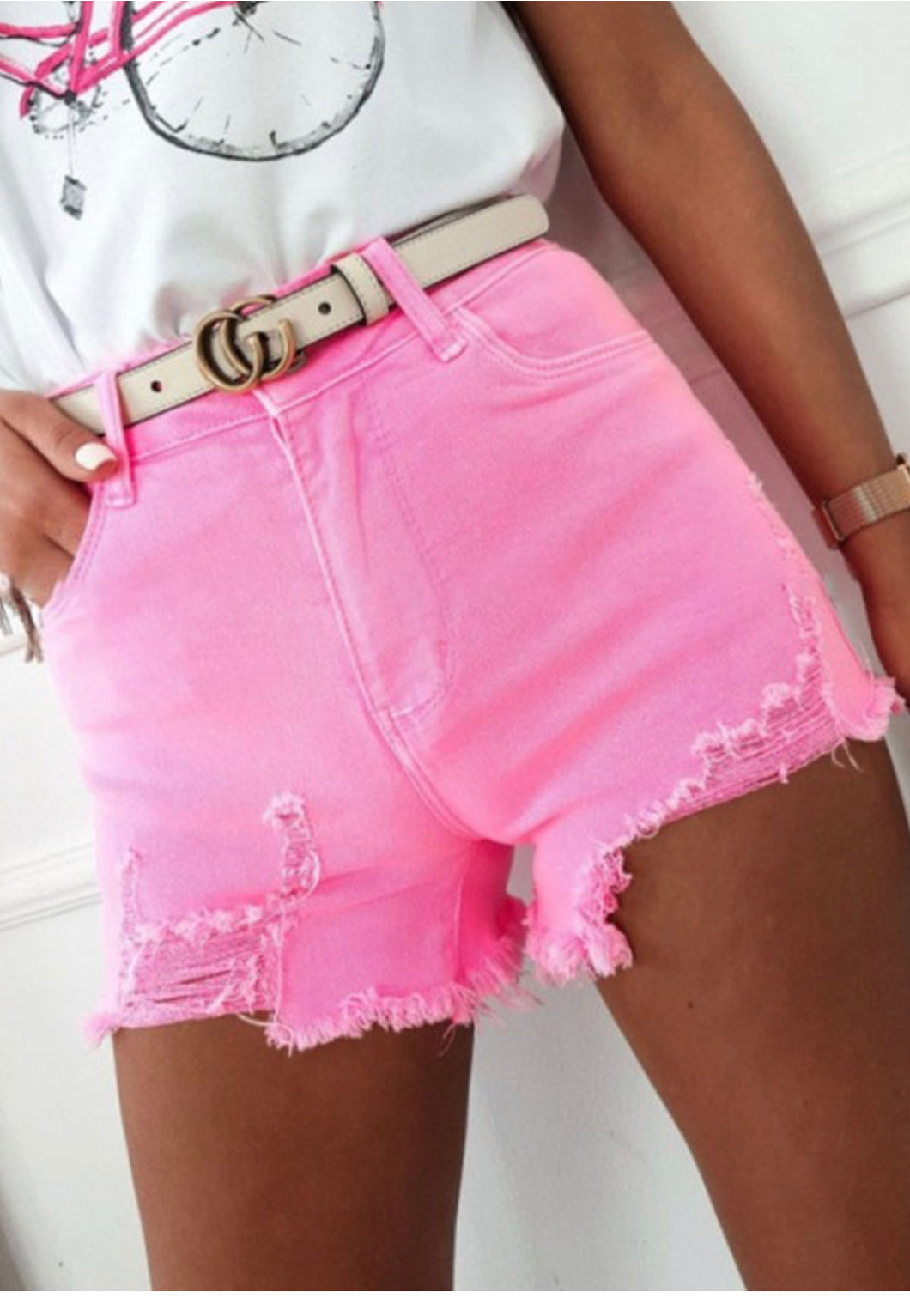 Hot Pink Destroyed Denim Shorts